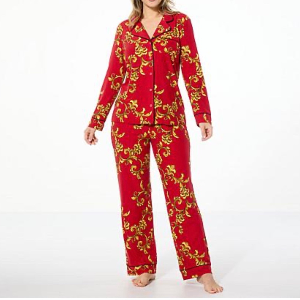 IMAN 2-piece Buttery Soft Knit Pajama Set. 1X in Red Scroll - New
